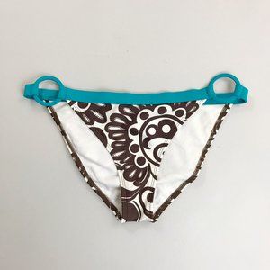 PURE BLISS Beach Scene Bold Floral Bikini Bottoms SZ 8 Ring Sides Teal Brown